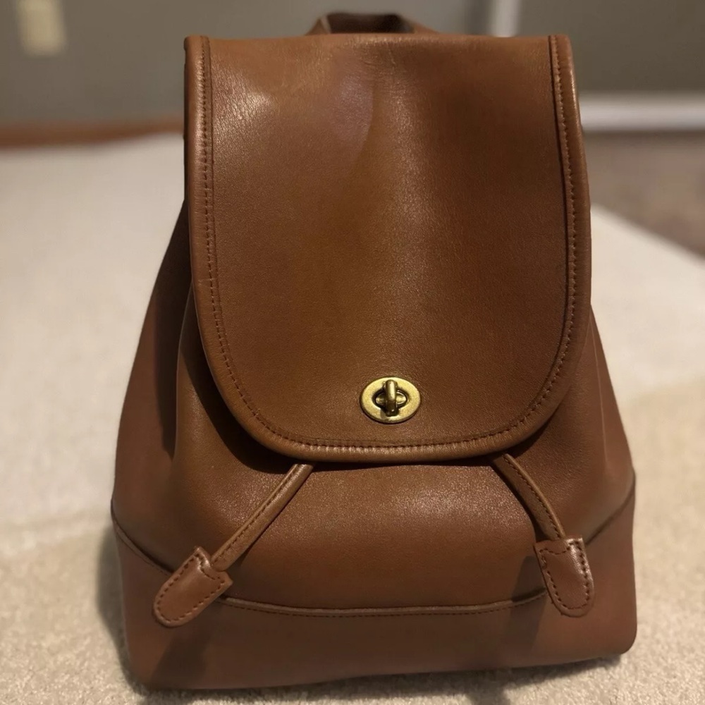 Vintage Coach Turn Lock Drawstring Leather Daypack Backpack Natural 9791 Bag Zip